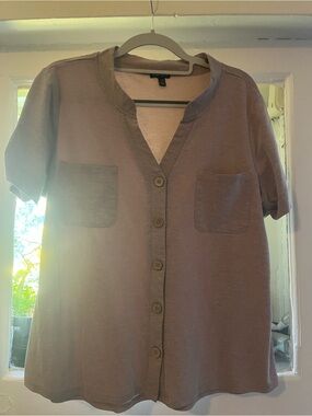 Short Sleeve Button-Front Tee with Pockets - Taupe